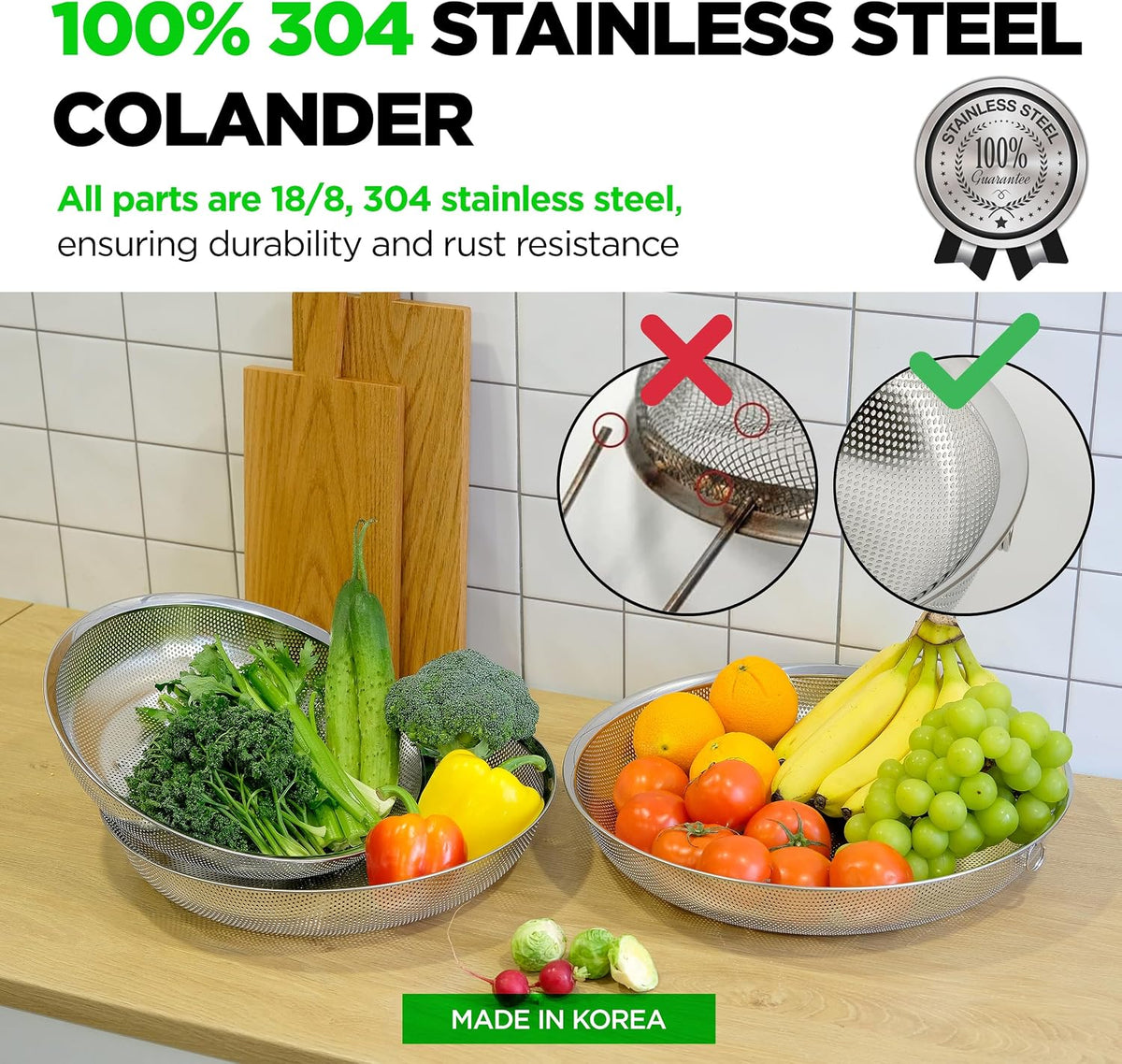 Shallow Stainless Steel Colander Set of 3, 2/3/4 Qt, Berry Tray