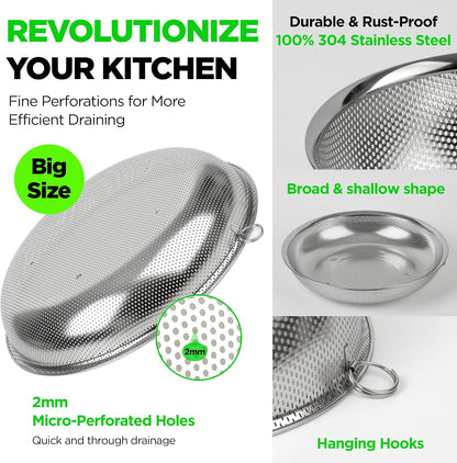 Shallow Stainless Steel Colander Set of 3, 2/3/4 Qt, Berry Tray