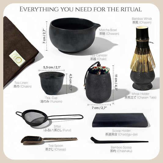 Premium Matcha Whisk Set – 10 Piece Japanese Matcha Tea Ceremony Kit | Matcha Bowl, Tea Canister, Purple Bamboo Whisk, Whisk Holder, Sifter, Scoop & Scoop Holder, Cup, Cloth, Spoon - Dark Gray