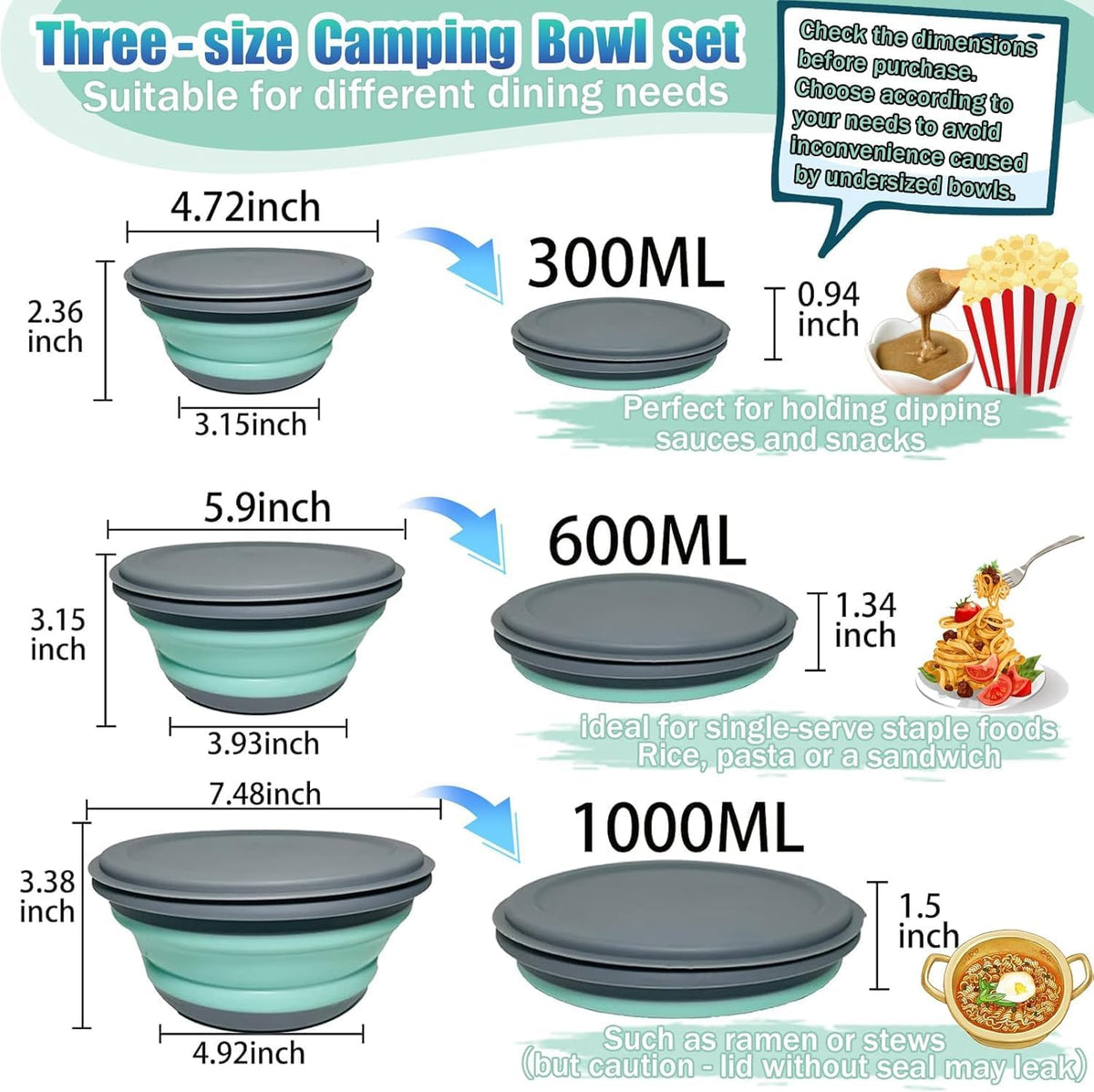 Collapsible Camping Bowl with Lid, Foldable Food Container