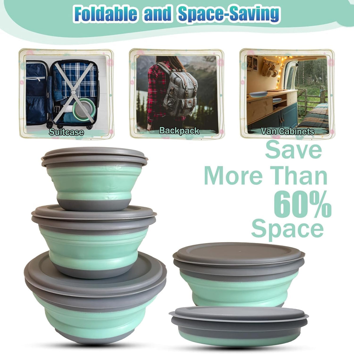 Collapsible Camping Bowl with Lid, Foldable Food Container