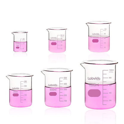 Upgrated 6 Size Low Form Glass Beaker Set, 25ml 50ml 100ml 250ml 500ml 1000ml, 3.3 Boro Glass beakers with Printed Graduation, LVA019