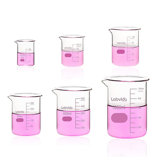 Upgrated 6 Size Low Form Glass Beaker Set, 25ml 50ml 100ml 250ml 500ml 1000ml, 3.3 Boro Glass beakers with Printed Graduation, LVA019