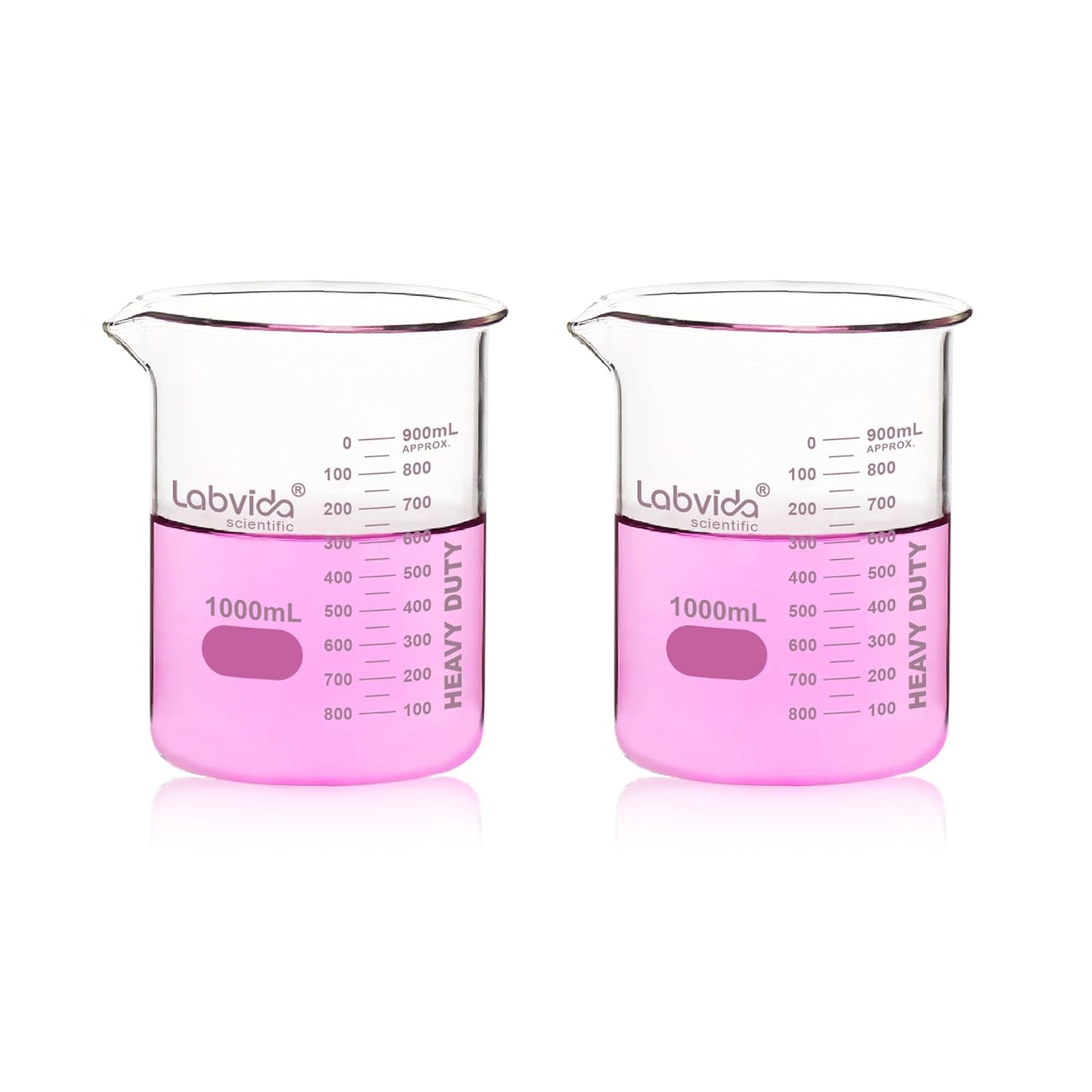 Upgrated 6 Size Low Form Glass Beaker Set, 25ml 50ml 100ml 250ml 500ml 1000ml, 3.3 Boro Glass beakers with Printed Graduation, LVA019