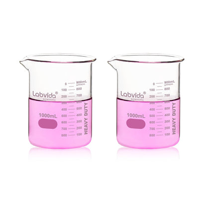 Upgrated 6 Size Low Form Glass Beaker Set, 25ml 50ml 100ml 250ml 500ml 1000ml, 3.3 Boro Glass beakers with Printed Graduation, LVA019