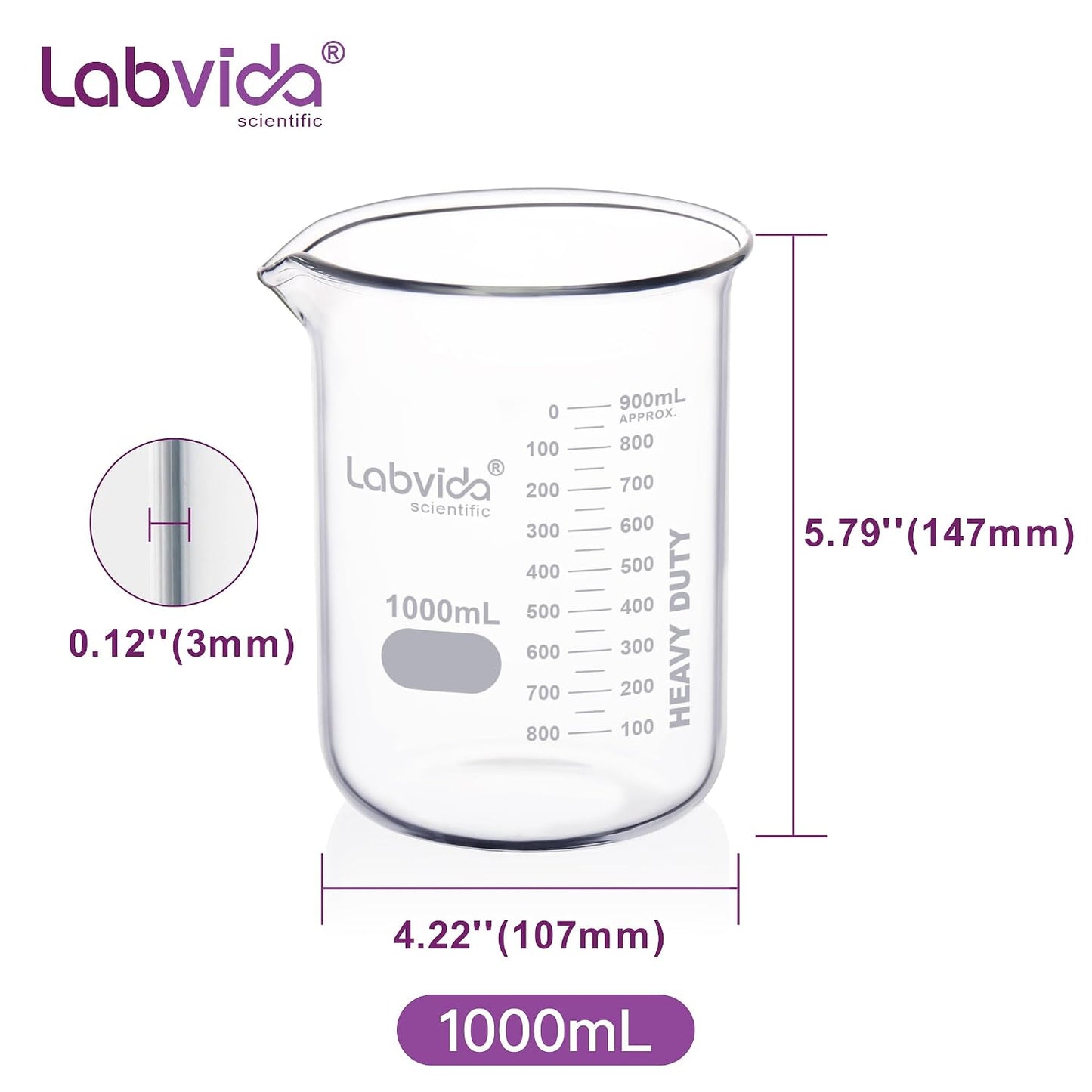 Upgrated 6 Size Low Form Glass Beaker Set, 25ml 50ml 100ml 250ml 500ml 1000ml, 3.3 Boro Glass beakers with Printed Graduation, LVA019