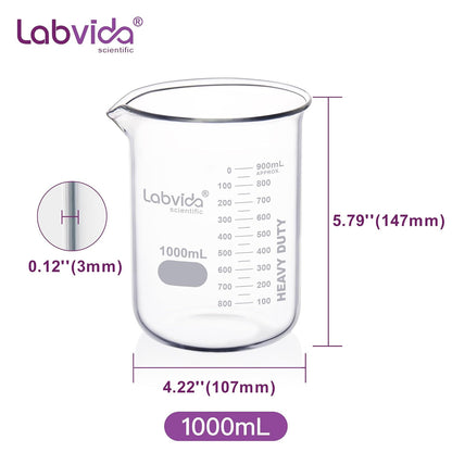 Upgrated 6 Size Low Form Glass Beaker Set, 25ml 50ml 100ml 250ml 500ml 1000ml, 3.3 Boro Glass beakers with Printed Graduation, LVA019