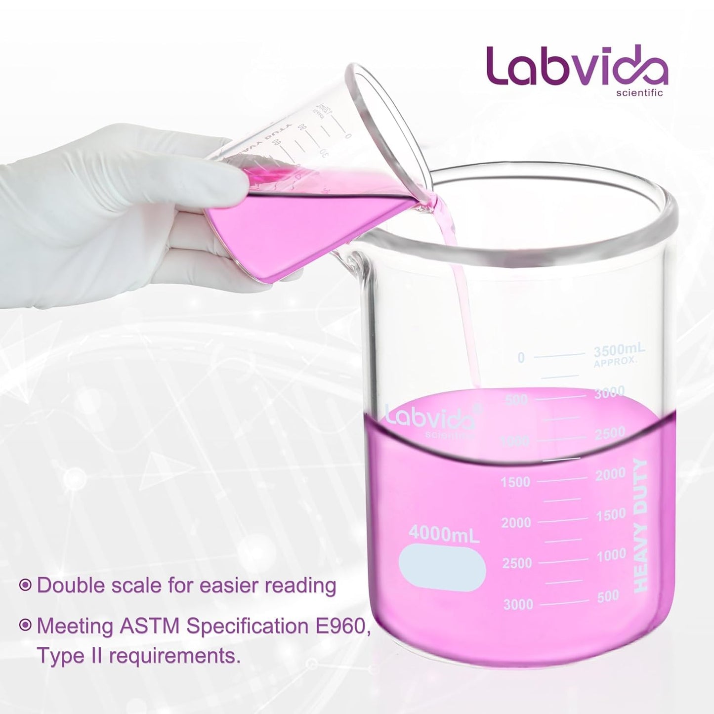 Upgrated 6 Size Low Form Glass Beaker Set, 25ml 50ml 100ml 250ml 500ml 1000ml, 3.3 Boro Glass beakers with Printed Graduation, LVA019