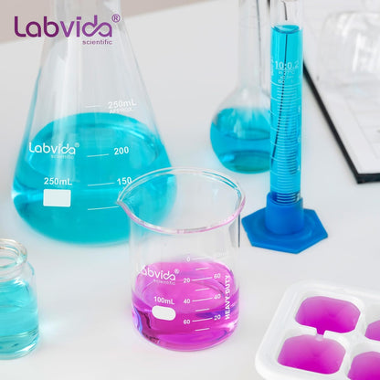 Upgrated 6 Size Low Form Glass Beaker Set, 25ml 50ml 100ml 250ml 500ml 1000ml, 3.3 Boro Glass beakers with Printed Graduation, LVA019