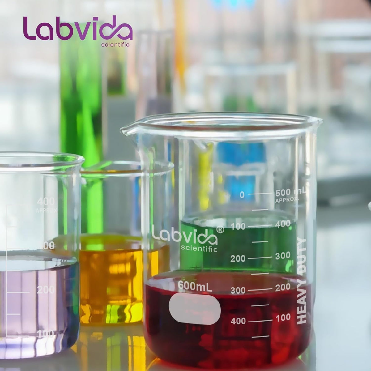 Upgrated 6 Size Low Form Glass Beaker Set, 25ml 50ml 100ml 250ml 500ml 1000ml, 3.3 Boro Glass beakers with Printed Graduation, LVA019