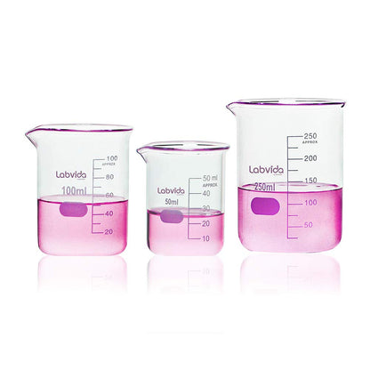 Upgrated 6 Size Low Form Glass Beaker Set, 25ml 50ml 100ml 250ml 500ml 1000ml, 3.3 Boro Glass beakers with Printed Graduation, LVA019