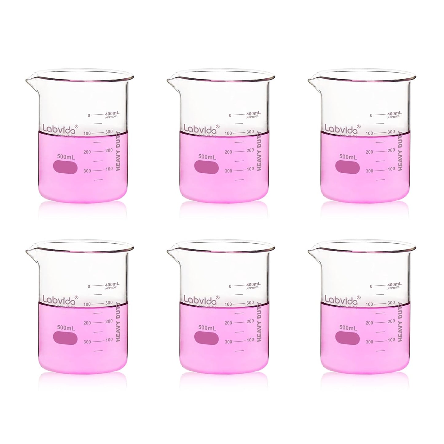 Upgrated 6 Size Low Form Glass Beaker Set, 25ml 50ml 100ml 250ml 500ml 1000ml, 3.3 Boro Glass beakers with Printed Graduation, LVA019