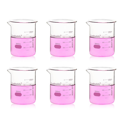 Upgrated 6 Size Low Form Glass Beaker Set, 25ml 50ml 100ml 250ml 500ml 1000ml, 3.3 Boro Glass beakers with Printed Graduation, LVA019