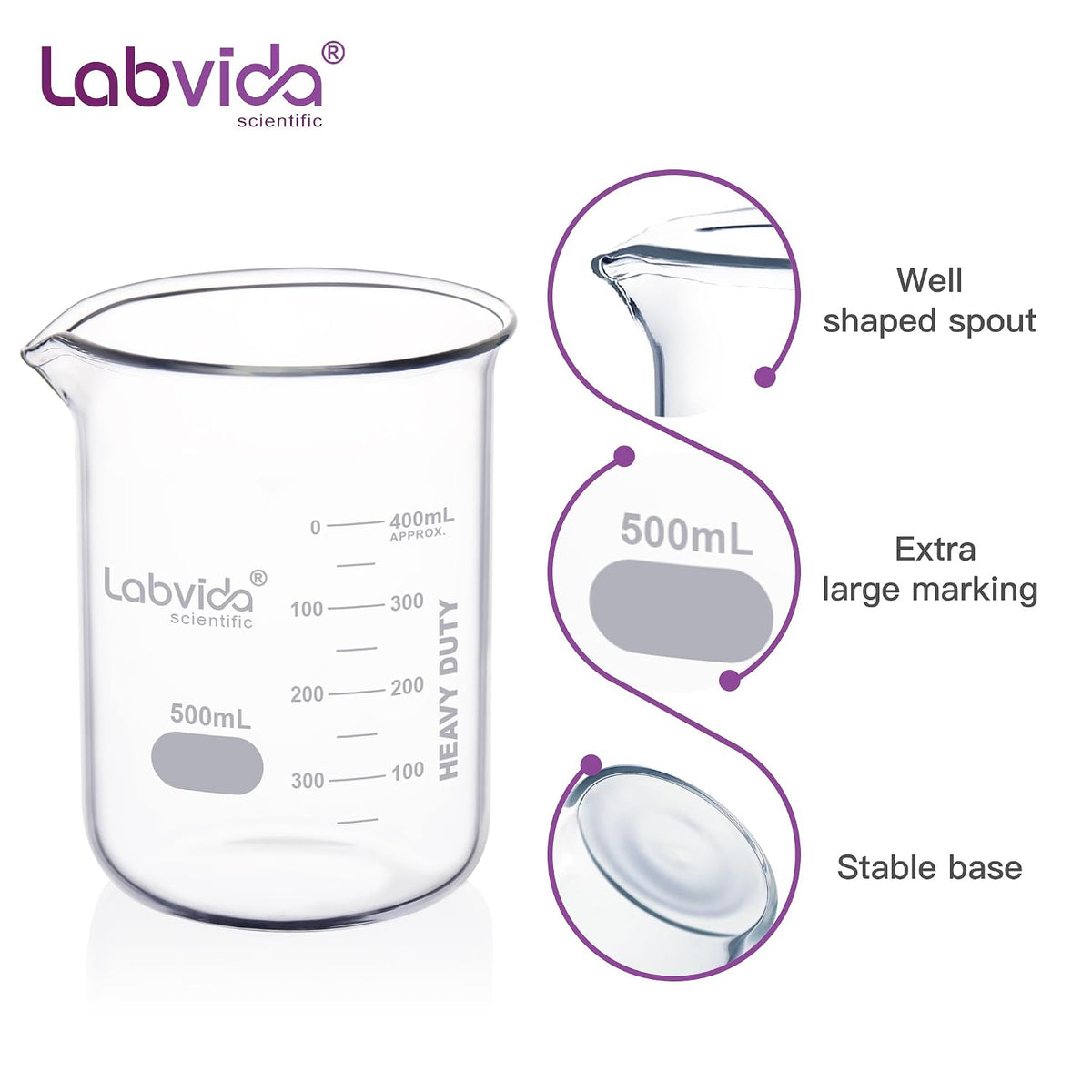Upgrated 6 Size Low Form Glass Beaker Set, 25ml 50ml 100ml 250ml 500ml 1000ml, 3.3 Boro Glass beakers with Printed Graduation, LVA019