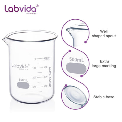 Upgrated 6 Size Low Form Glass Beaker Set, 25ml 50ml 100ml 250ml 500ml 1000ml, 3.3 Boro Glass beakers with Printed Graduation, LVA019