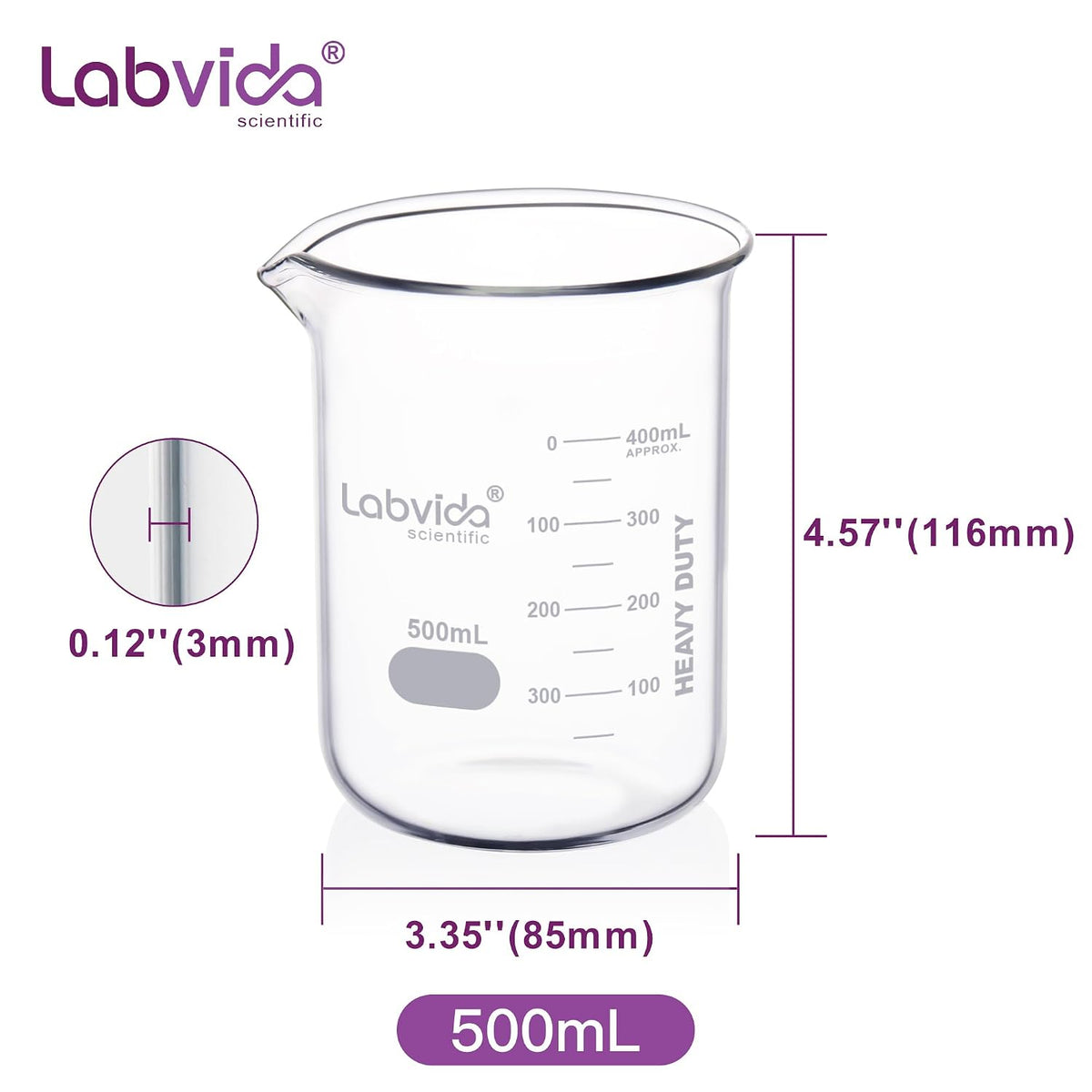 Upgrated 6 Size Low Form Glass Beaker Set, 25ml 50ml 100ml 250ml 500ml 1000ml, 3.3 Boro Glass beakers with Printed Graduation, LVA019