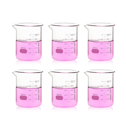 Upgrated 6 Size Low Form Glass Beaker Set, 25ml 50ml 100ml 250ml 500ml 1000ml, 3.3 Boro Glass beakers with Printed Graduation, LVA019