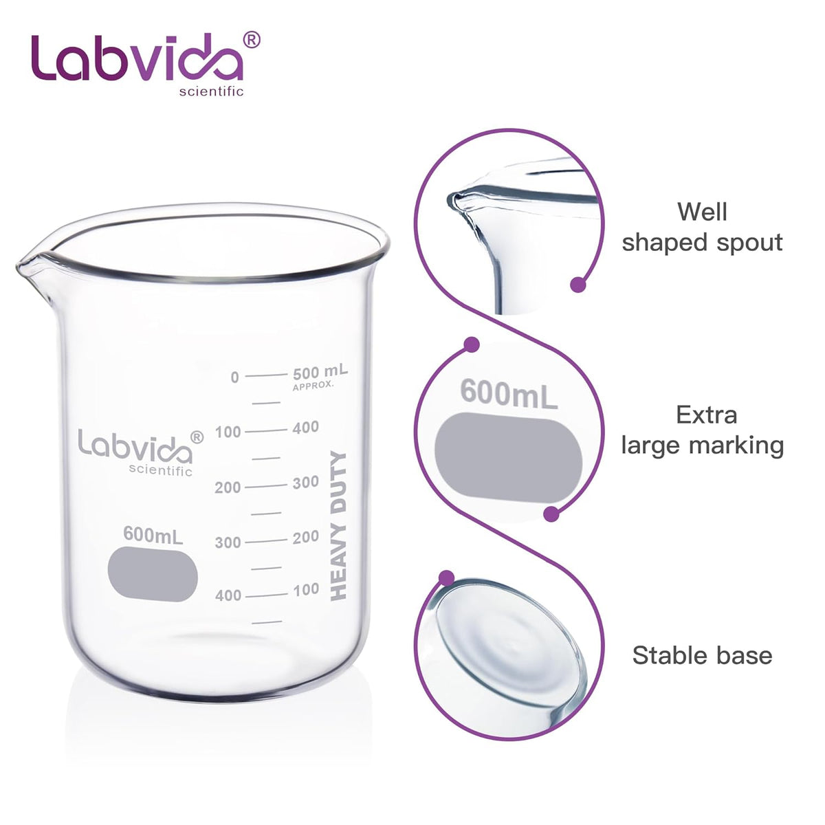 Upgrated 6 Size Low Form Glass Beaker Set, 25ml 50ml 100ml 250ml 500ml 1000ml, 3.3 Boro Glass beakers with Printed Graduation, LVA019