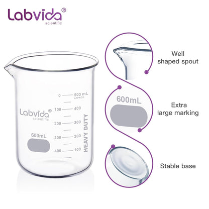 Upgrated 6 Size Low Form Glass Beaker Set, 25ml 50ml 100ml 250ml 500ml 1000ml, 3.3 Boro Glass beakers with Printed Graduation, LVA019