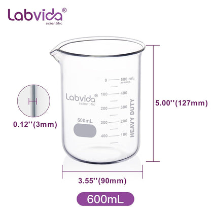 Upgrated 6 Size Low Form Glass Beaker Set, 25ml 50ml 100ml 250ml 500ml 1000ml, 3.3 Boro Glass beakers with Printed Graduation, LVA019
