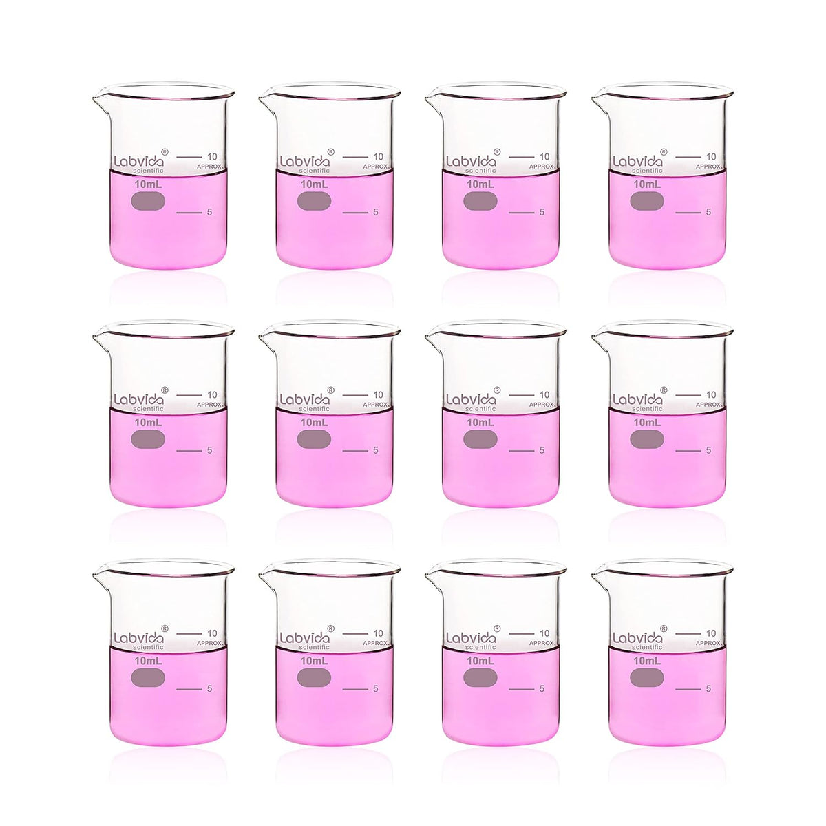 Upgrated 6 Size Low Form Glass Beaker Set, 25ml 50ml 100ml 250ml 500ml 1000ml, 3.3 Boro Glass beakers with Printed Graduation, LVA019
