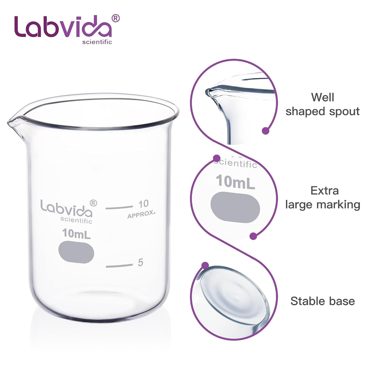 Upgrated 6 Size Low Form Glass Beaker Set, 25ml 50ml 100ml 250ml 500ml 1000ml, 3.3 Boro Glass beakers with Printed Graduation, LVA019