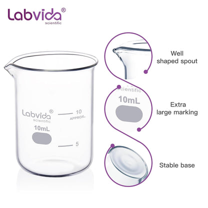 Upgrated 6 Size Low Form Glass Beaker Set, 25ml 50ml 100ml 250ml 500ml 1000ml, 3.3 Boro Glass beakers with Printed Graduation, LVA019