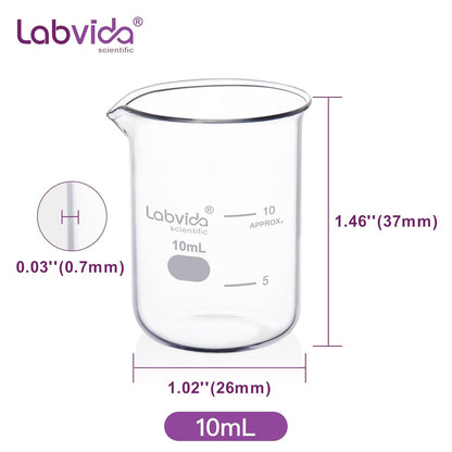 Upgrated 6 Size Low Form Glass Beaker Set, 25ml 50ml 100ml 250ml 500ml 1000ml, 3.3 Boro Glass beakers with Printed Graduation, LVA019