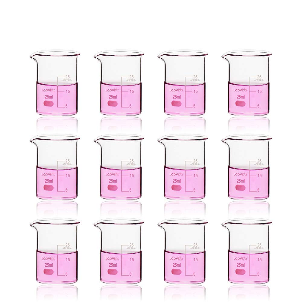 Upgrated 6 Size Low Form Glass Beaker Set, 25ml 50ml 100ml 250ml 500ml 1000ml, 3.3 Boro Glass beakers with Printed Graduation, LVA019