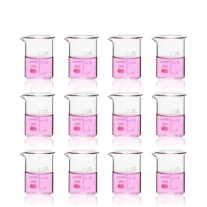 Upgrated 6 Size Low Form Glass Beaker Set, 25ml 50ml 100ml 250ml 500ml 1000ml, 3.3 Boro Glass beakers with Printed Graduation, LVA019