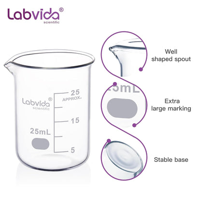 Upgrated 6 Size Low Form Glass Beaker Set, 25ml 50ml 100ml 250ml 500ml 1000ml, 3.3 Boro Glass beakers with Printed Graduation, LVA019
