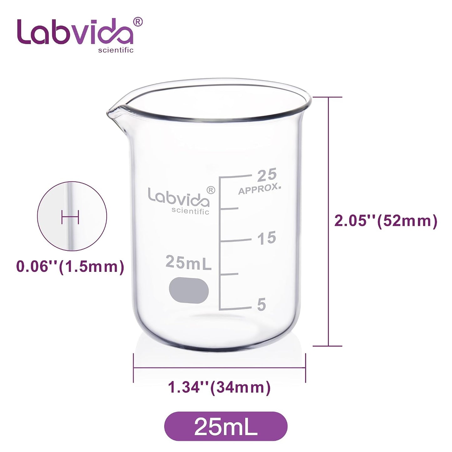 Upgrated 6 Size Low Form Glass Beaker Set, 25ml 50ml 100ml 250ml 500ml 1000ml, 3.3 Boro Glass beakers with Printed Graduation, LVA019