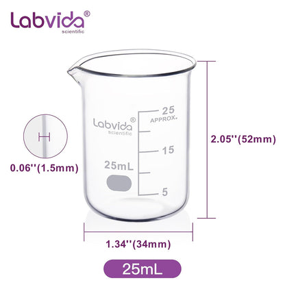 Upgrated 6 Size Low Form Glass Beaker Set, 25ml 50ml 100ml 250ml 500ml 1000ml, 3.3 Boro Glass beakers with Printed Graduation, LVA019
