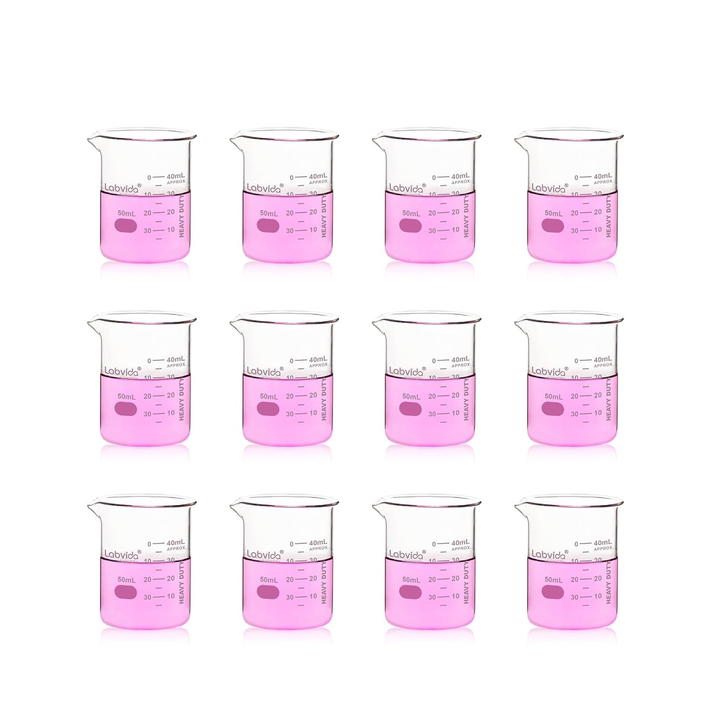 Upgrated 6 Size Low Form Glass Beaker Set, 25ml 50ml 100ml 250ml 500ml 1000ml, 3.3 Boro Glass beakers with Printed Graduation, LVA019