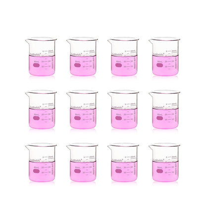 Upgrated 6 Size Low Form Glass Beaker Set, 25ml 50ml 100ml 250ml 500ml 1000ml, 3.3 Boro Glass beakers with Printed Graduation, LVA019