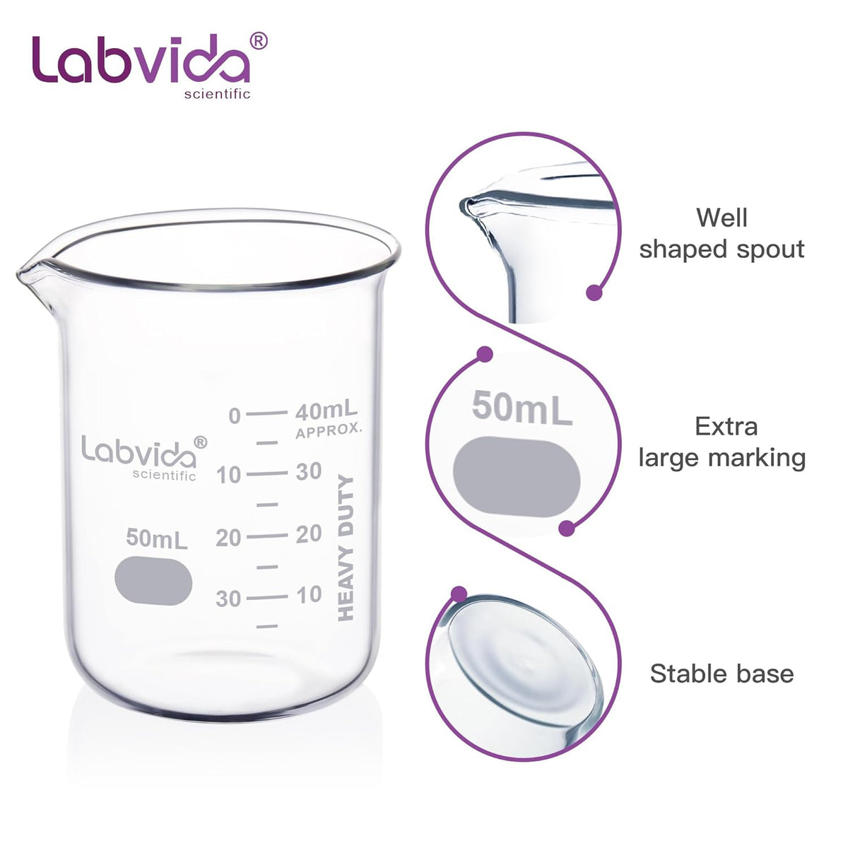 Upgrated 6 Size Low Form Glass Beaker Set, 25ml 50ml 100ml 250ml 500ml 1000ml, 3.3 Boro Glass beakers with Printed Graduation, LVA019