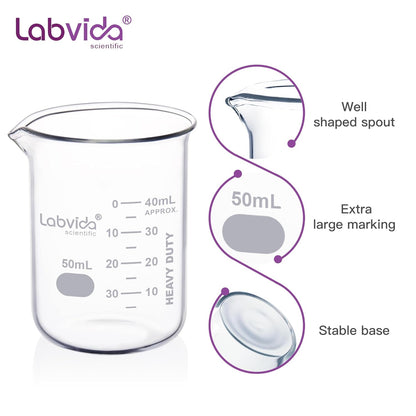 Upgrated 6 Size Low Form Glass Beaker Set, 25ml 50ml 100ml 250ml 500ml 1000ml, 3.3 Boro Glass beakers with Printed Graduation, LVA019