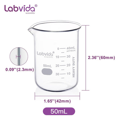 Upgrated 6 Size Low Form Glass Beaker Set, 25ml 50ml 100ml 250ml 500ml 1000ml, 3.3 Boro Glass beakers with Printed Graduation, LVA019