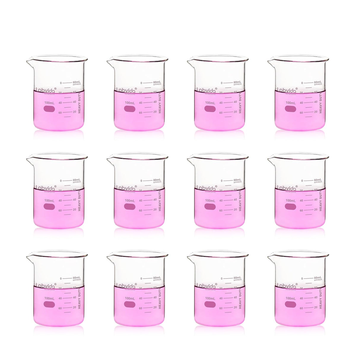 Upgrated 6 Size Low Form Glass Beaker Set, 25ml 50ml 100ml 250ml 500ml 1000ml, 3.3 Boro Glass beakers with Printed Graduation, LVA019