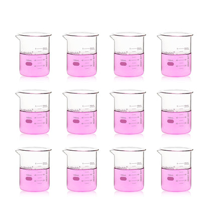 Upgrated 6 Size Low Form Glass Beaker Set, 25ml 50ml 100ml 250ml 500ml 1000ml, 3.3 Boro Glass beakers with Printed Graduation, LVA019