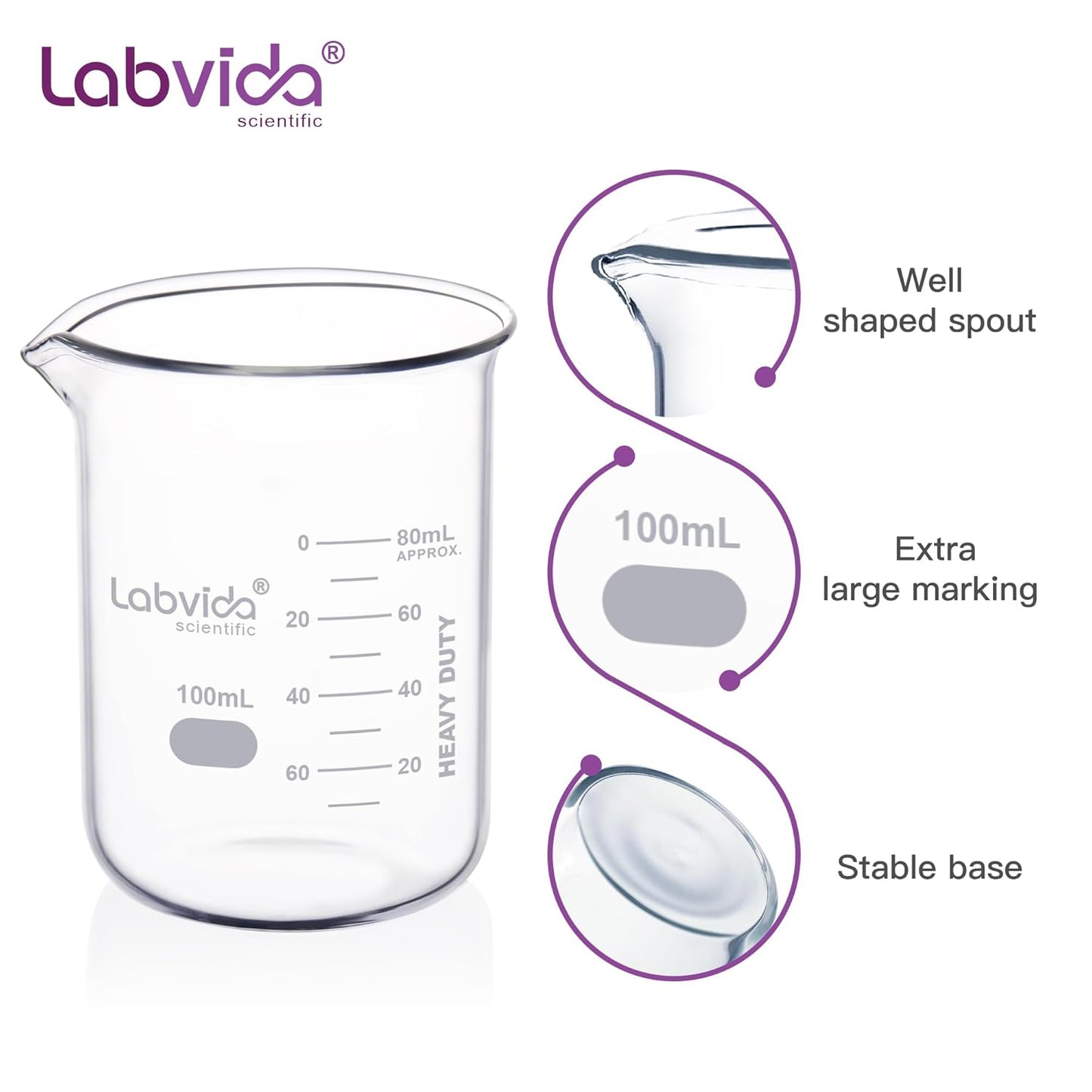 Upgrated 6 Size Low Form Glass Beaker Set, 25ml 50ml 100ml 250ml 500ml 1000ml, 3.3 Boro Glass beakers with Printed Graduation, LVA019