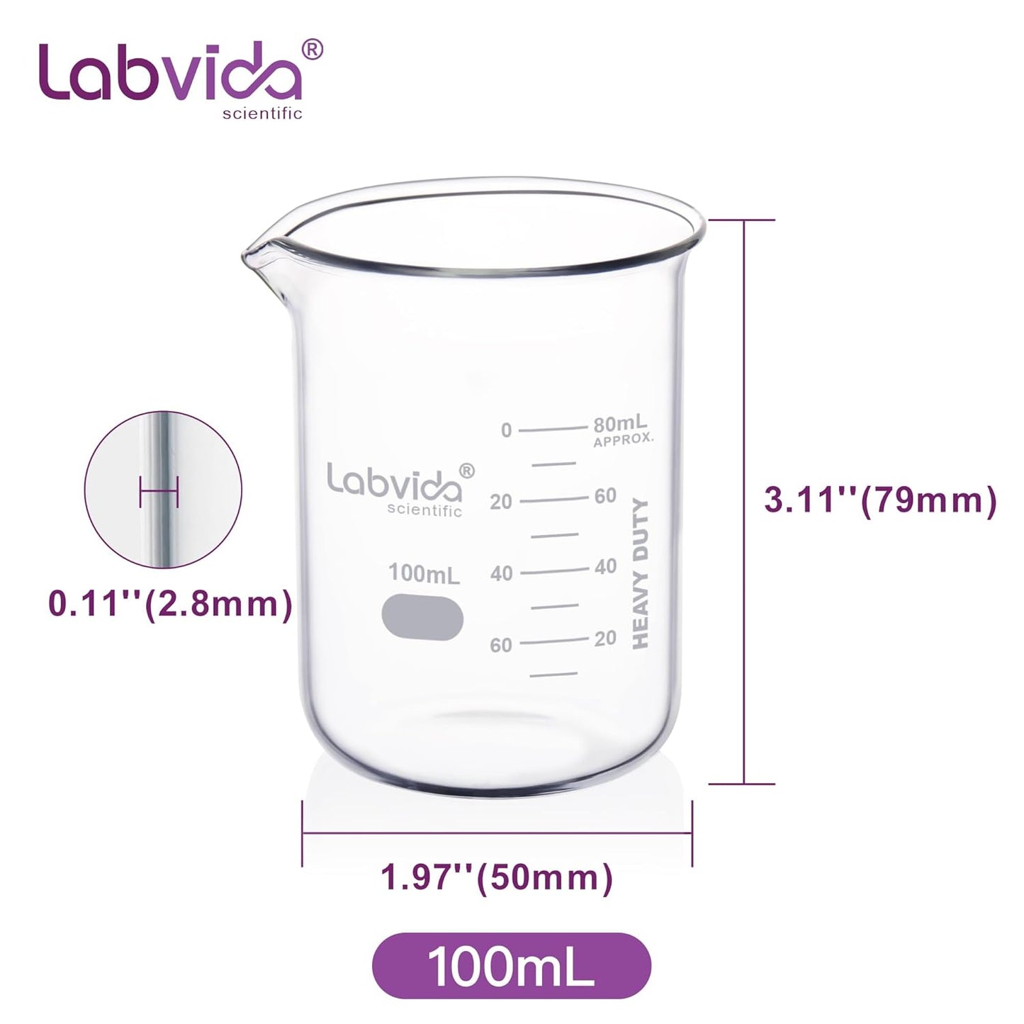 Upgrated 6 Size Low Form Glass Beaker Set, 25ml 50ml 100ml 250ml 500ml 1000ml, 3.3 Boro Glass beakers with Printed Graduation, LVA019
