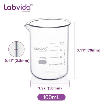 Upgrated 6 Size Low Form Glass Beaker Set, 25ml 50ml 100ml 250ml 500ml 1000ml, 3.3 Boro Glass beakers with Printed Graduation, LVA019