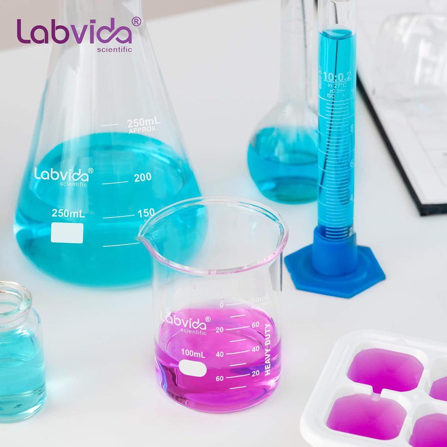 Upgrated 6 Size Low Form Glass Beaker Set, 25ml 50ml 100ml 250ml 500ml 1000ml, 3.3 Boro Glass beakers with Printed Graduation, LVA019