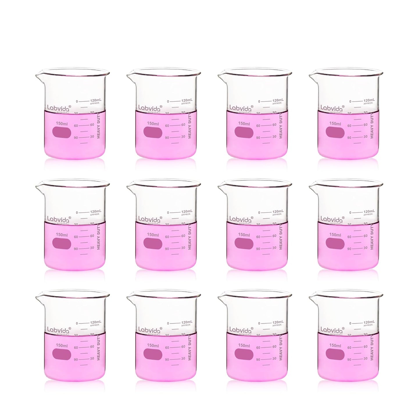 Upgrated 6 Size Low Form Glass Beaker Set, 25ml 50ml 100ml 250ml 500ml 1000ml, 3.3 Boro Glass beakers with Printed Graduation, LVA019