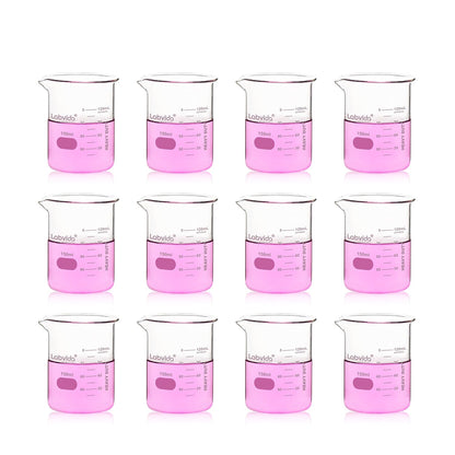 Upgrated 6 Size Low Form Glass Beaker Set, 25ml 50ml 100ml 250ml 500ml 1000ml, 3.3 Boro Glass beakers with Printed Graduation, LVA019