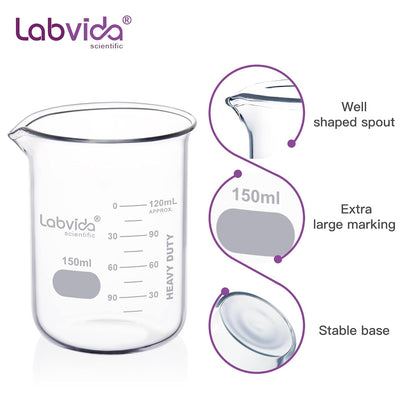 Upgrated 6 Size Low Form Glass Beaker Set, 25ml 50ml 100ml 250ml 500ml 1000ml, 3.3 Boro Glass beakers with Printed Graduation, LVA019