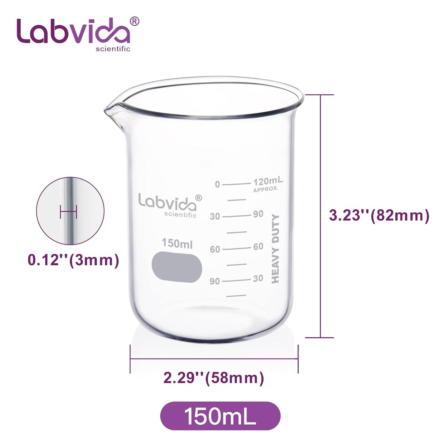 Upgrated 6 Size Low Form Glass Beaker Set, 25ml 50ml 100ml 250ml 500ml 1000ml, 3.3 Boro Glass beakers with Printed Graduation, LVA019