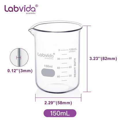 Upgrated 6 Size Low Form Glass Beaker Set, 25ml 50ml 100ml 250ml 500ml 1000ml, 3.3 Boro Glass beakers with Printed Graduation, LVA019