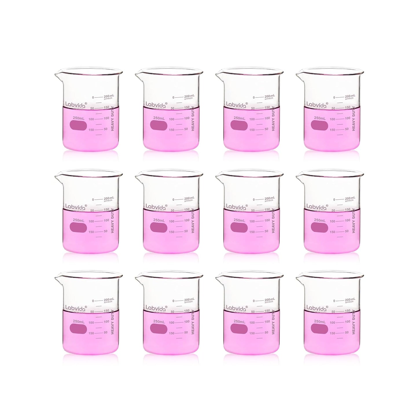 Upgrated 6 Size Low Form Glass Beaker Set, 25ml 50ml 100ml 250ml 500ml 1000ml, 3.3 Boro Glass beakers with Printed Graduation, LVA019